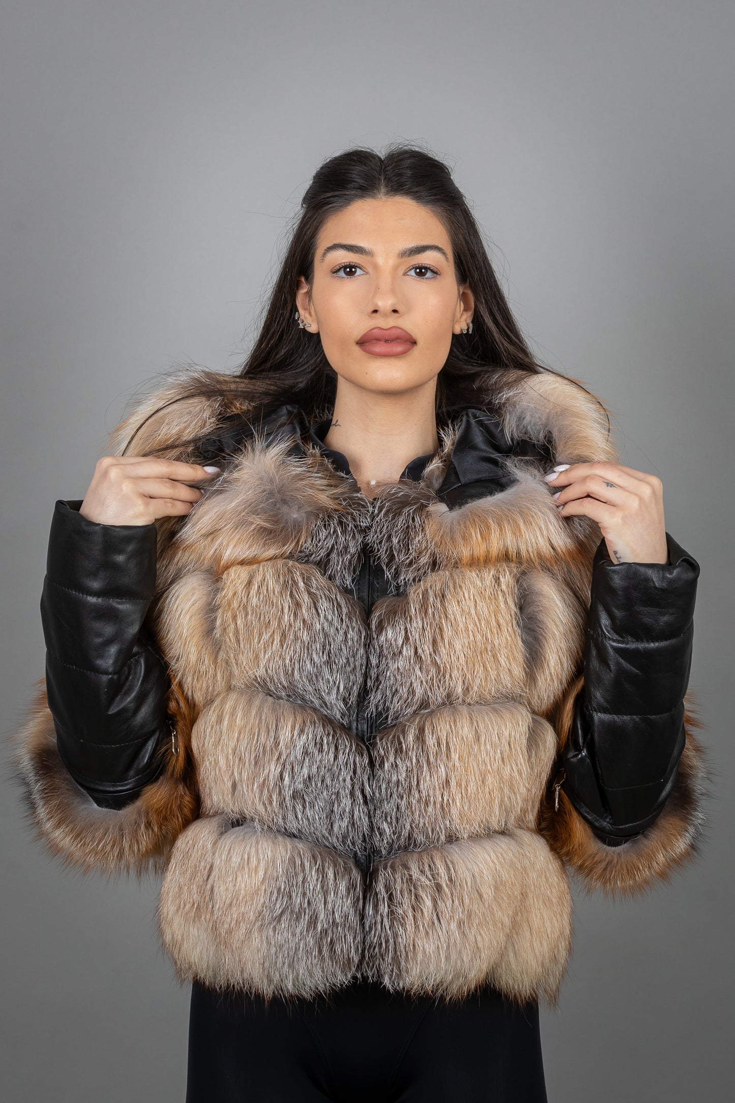 Fox Fur Jacket With Removable Leather Sleeves And Hoodie