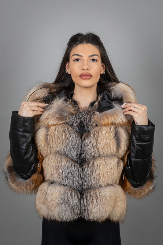 Fox Fur Jacket With Removable Leather Sleeves And Hoodie