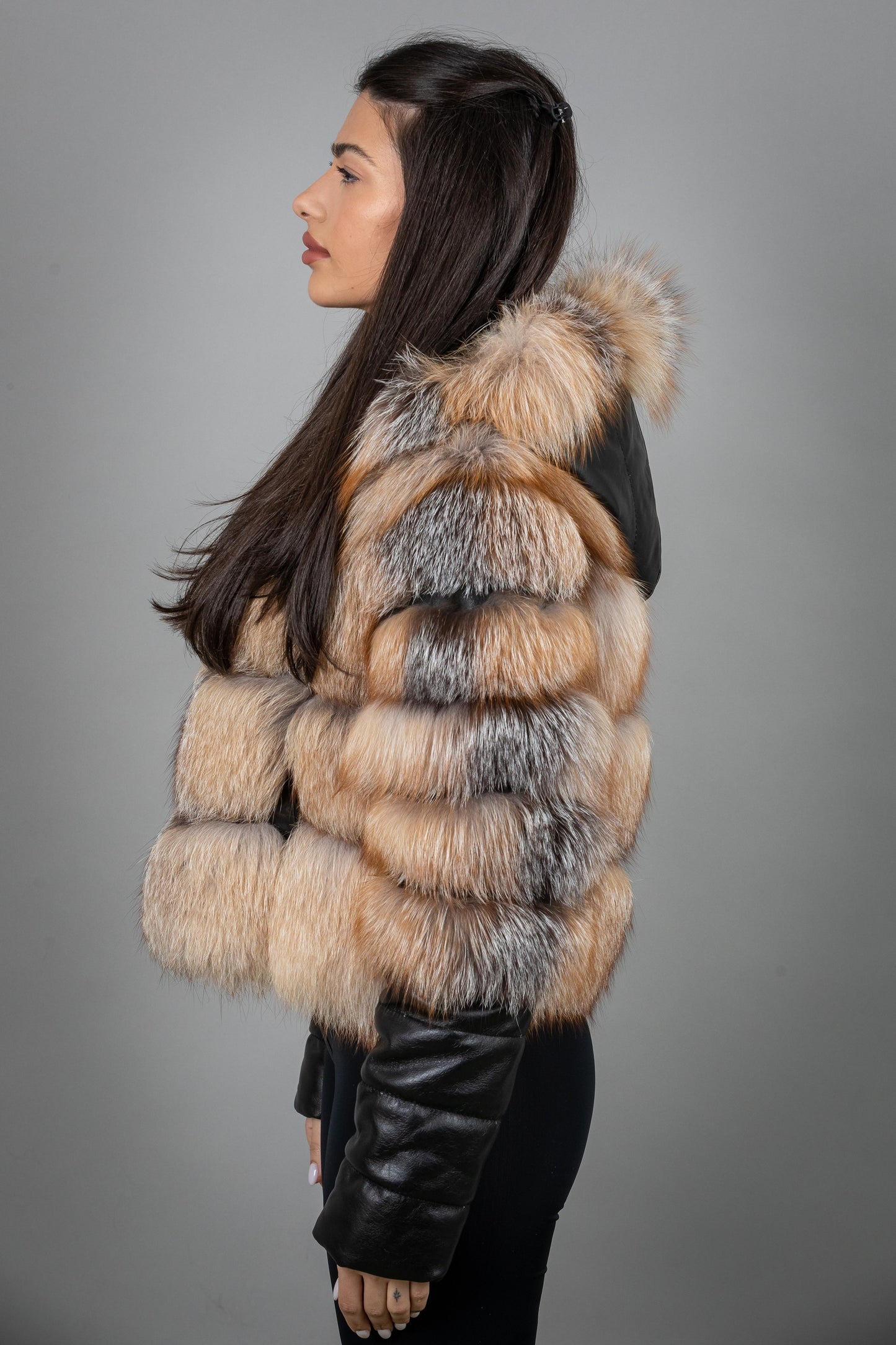 Fox Fur Jacket With Removable Leather Sleeves And Hoodie