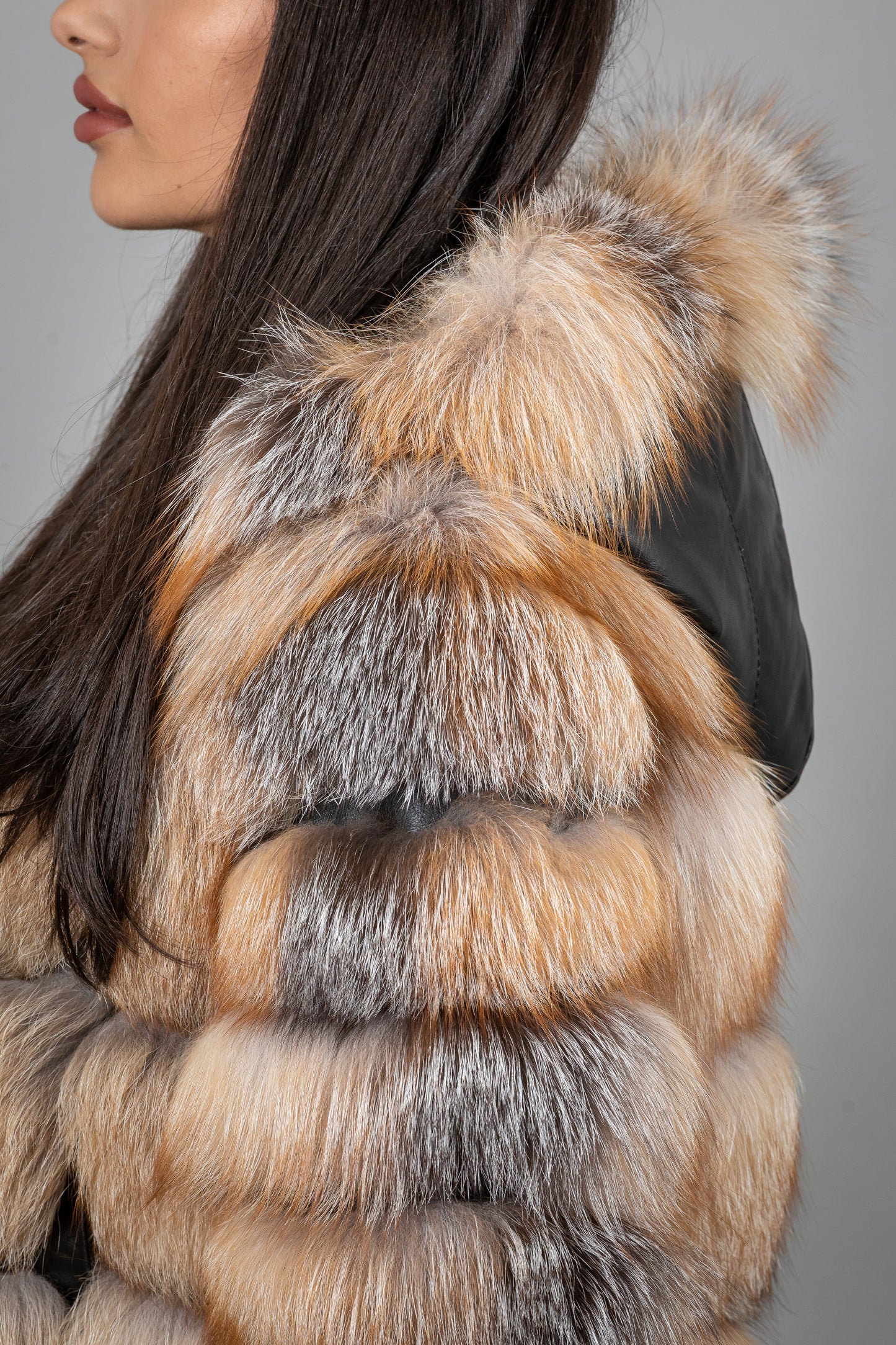 Fox Fur Jacket With Removable Leather Sleeves And Hoodie