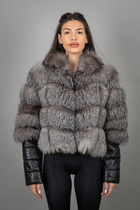 Fox Fur Jacket With Removable Leather Sleeves And Hoodie