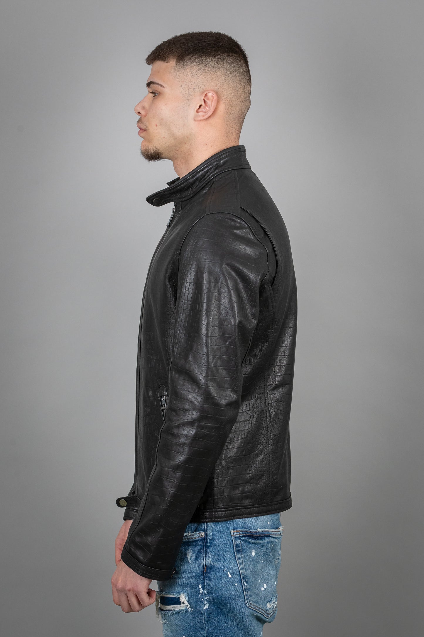 Stamped Calf Leather Jacket Slim Fit