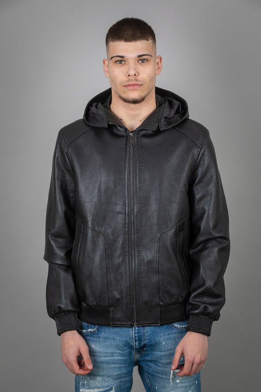 Calf Leather Bomber Jacket With Removable Hoodie