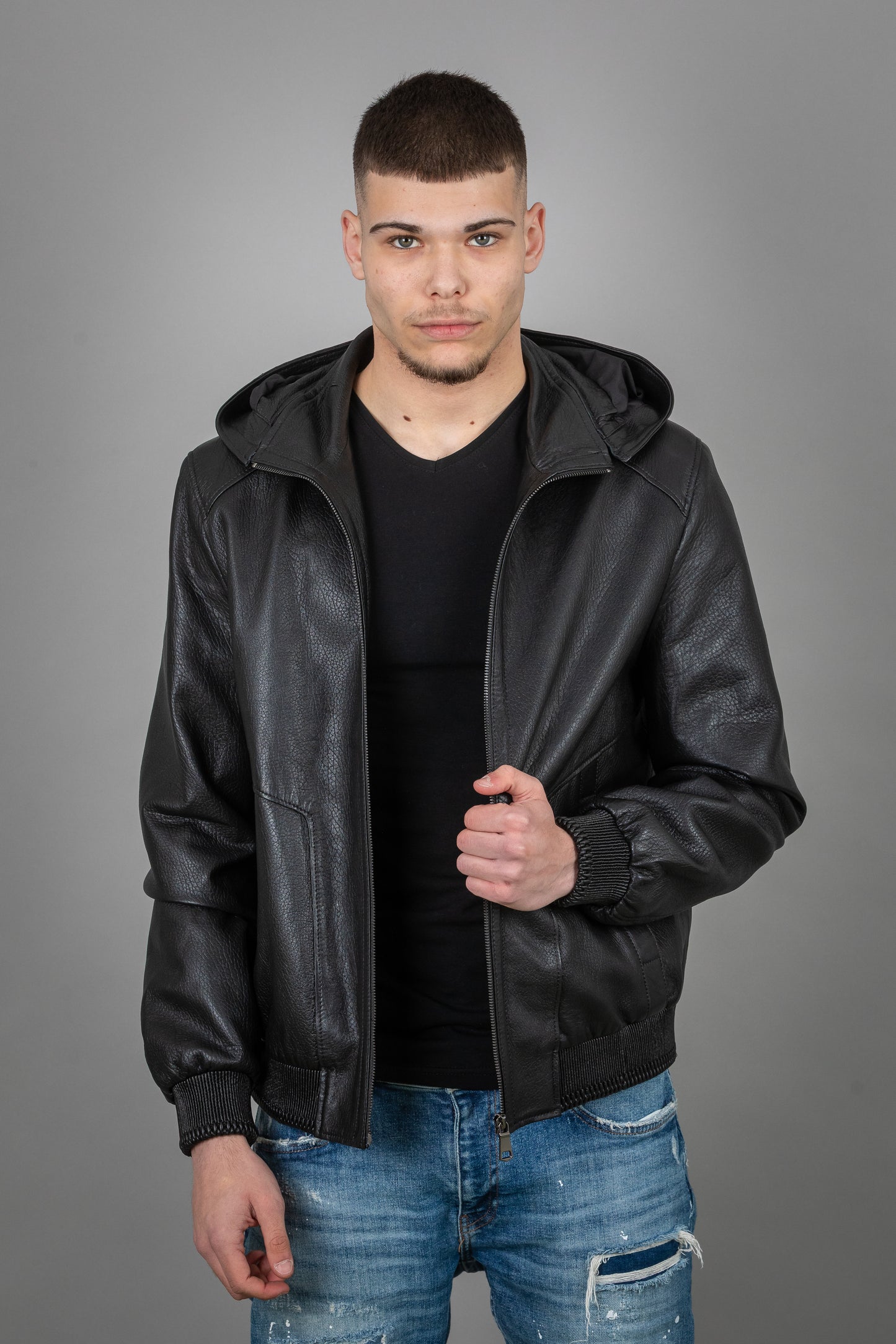 Calf Leather Bomber Jacket With Removable Hoodie