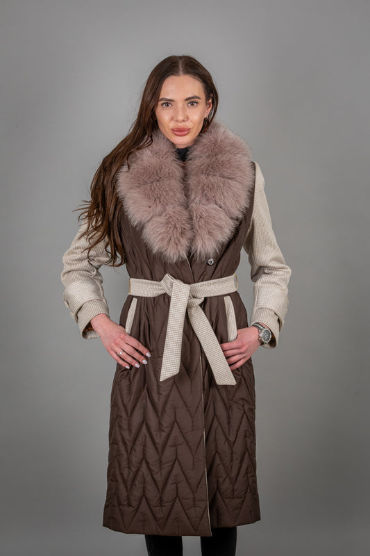 Puffer Jacket With Cashmere Sleeves And Fox Fur Collar