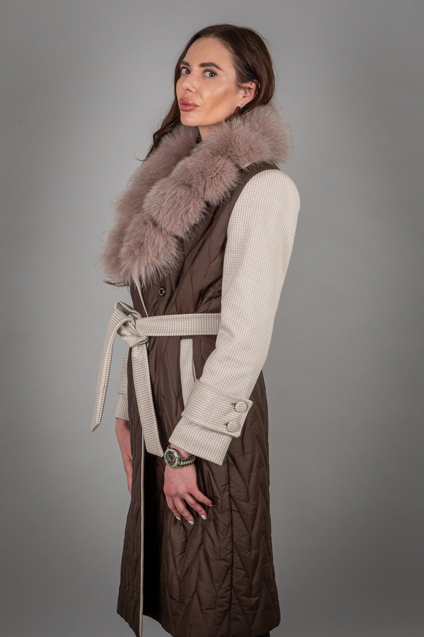 Puffer Jacket With Cashmere Sleeves And Fox Fur Collar