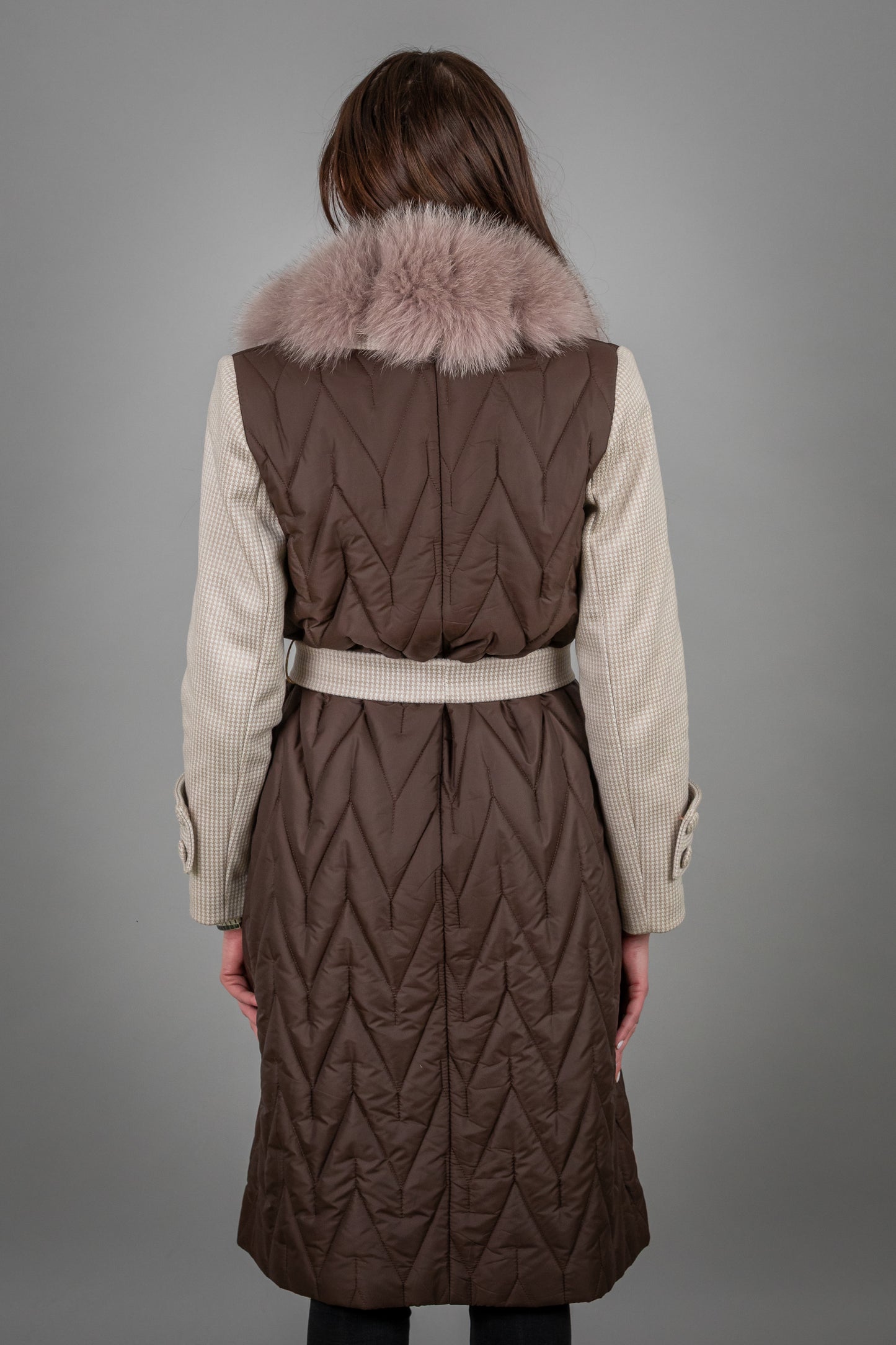 Puffer Jacket With Cashmere Sleeves And Fox Fur Collar