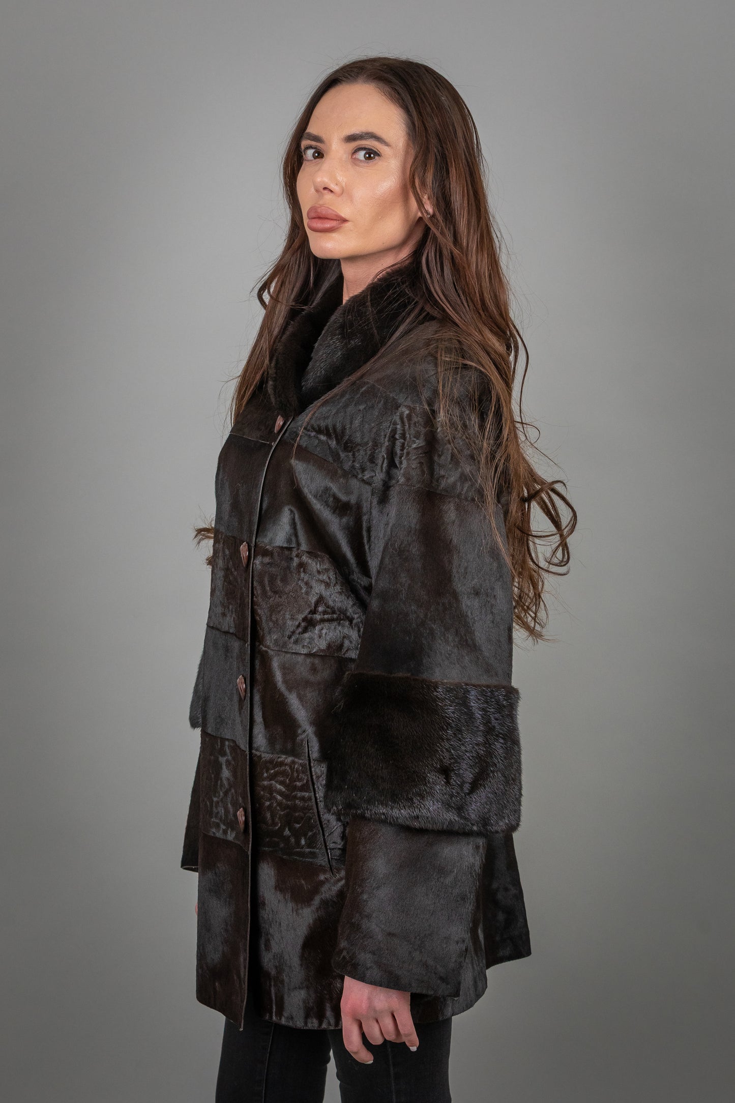 Brown Pony Astrakhan and Mink Fur Leather Jacket 2 in 1