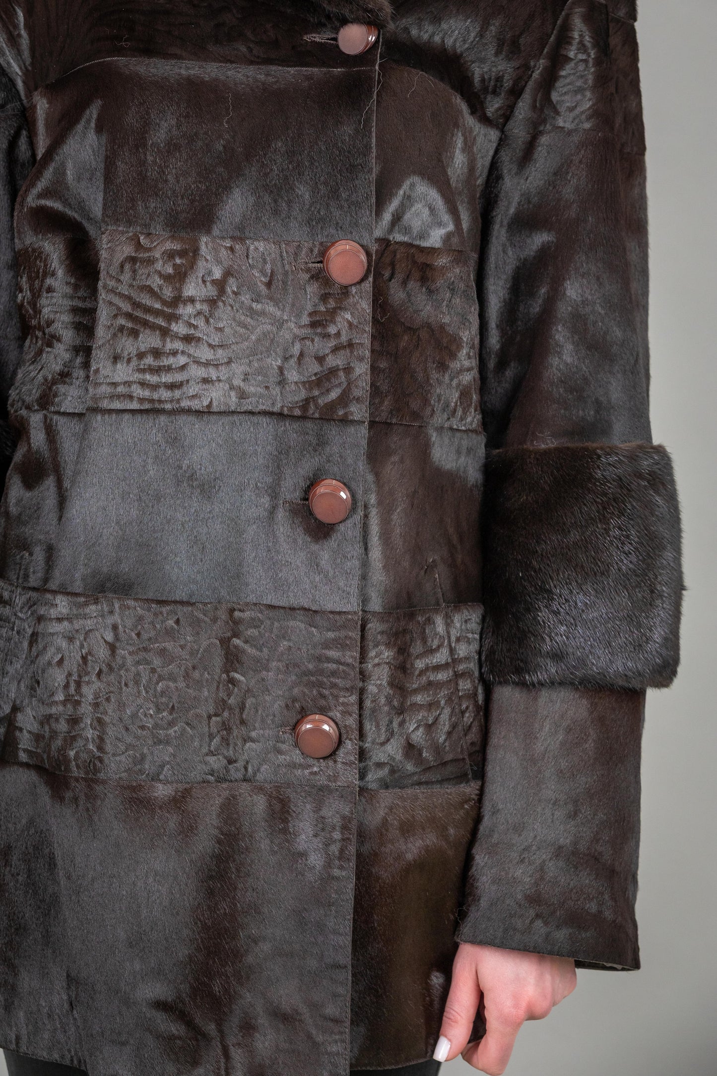 Brown Pony Astrakhan and Mink Fur Leather Jacket 2 in 1