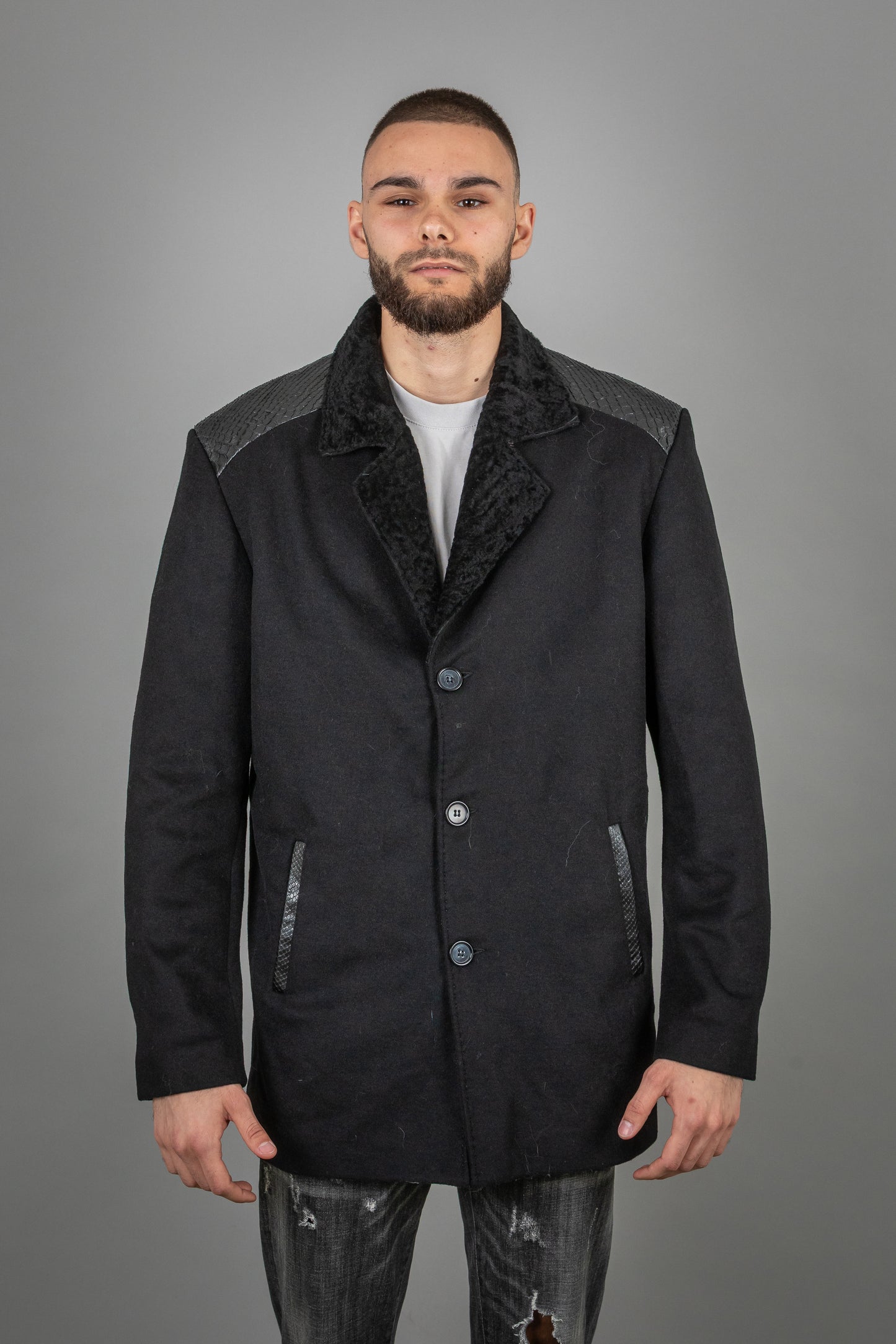 Cashmere Astrakhan Leather Jacket with Astrakhan Collar