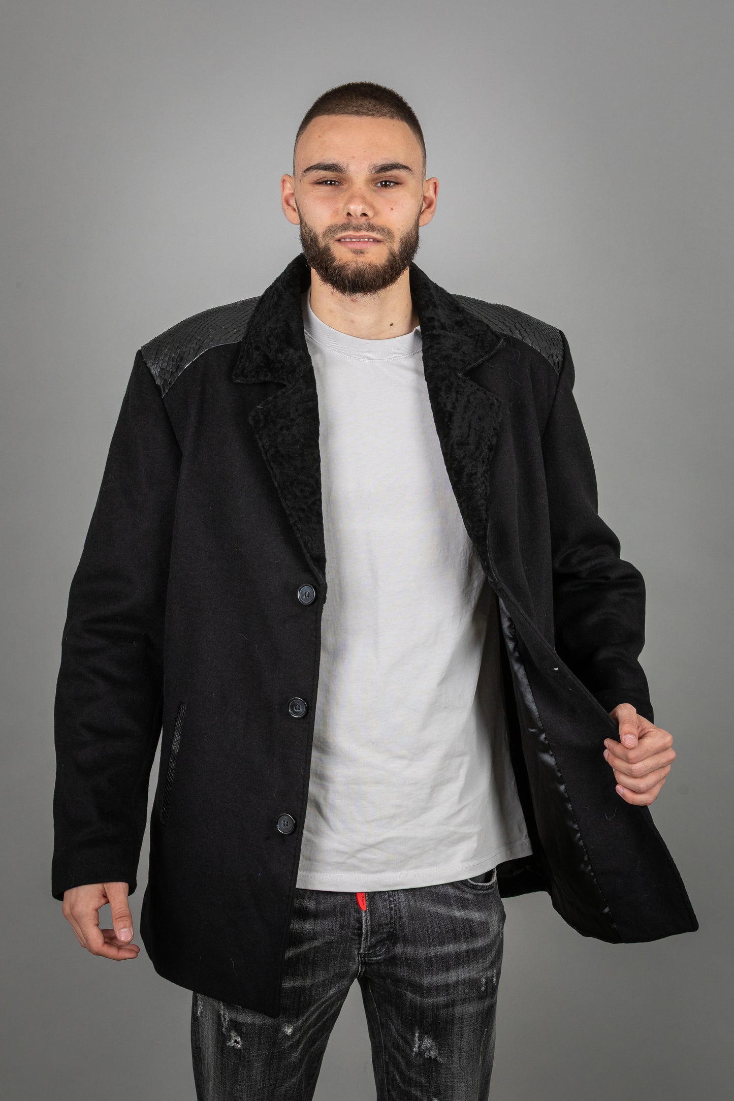 Cashmere Astrakhan Leather Jacket with Astrakhan Collar
