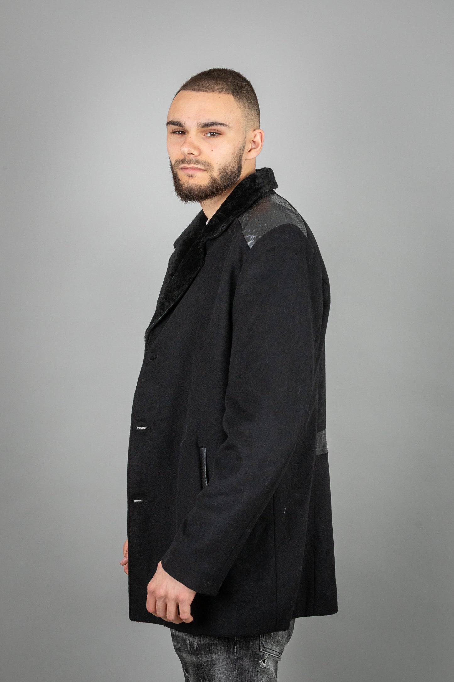 Cashmere Astrakhan Leather Jacket with Astrakhan Collar