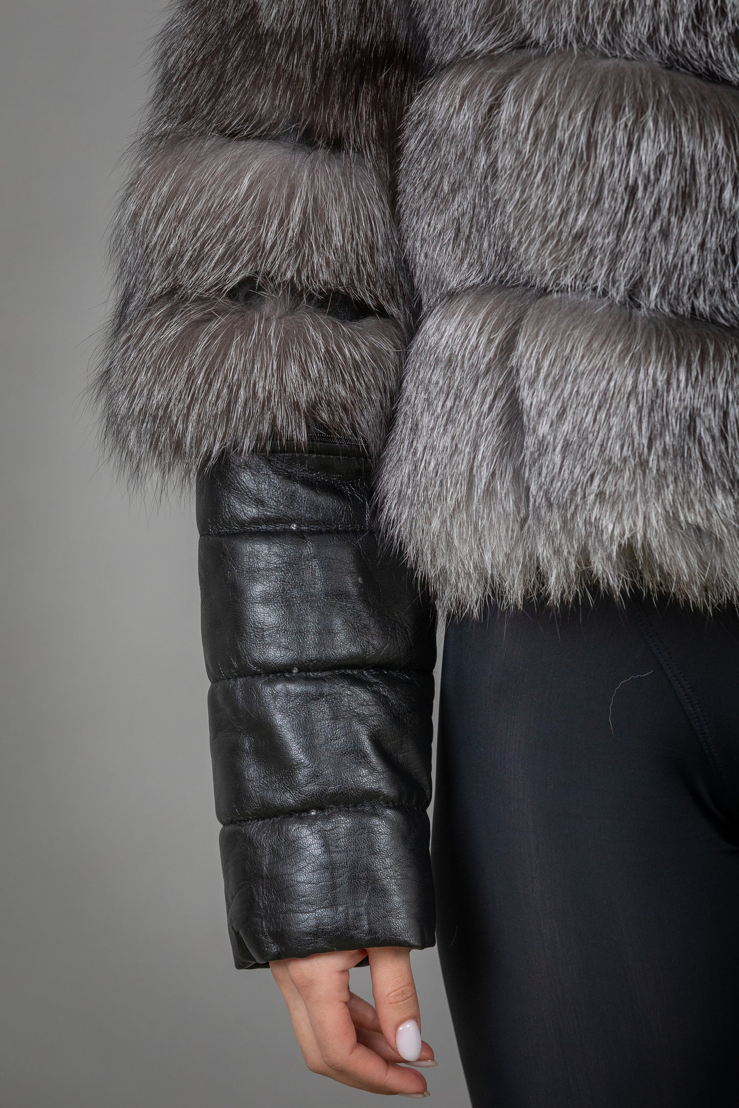 Fox Fur Jacket With Removable Leather Sleeves And Hoodie