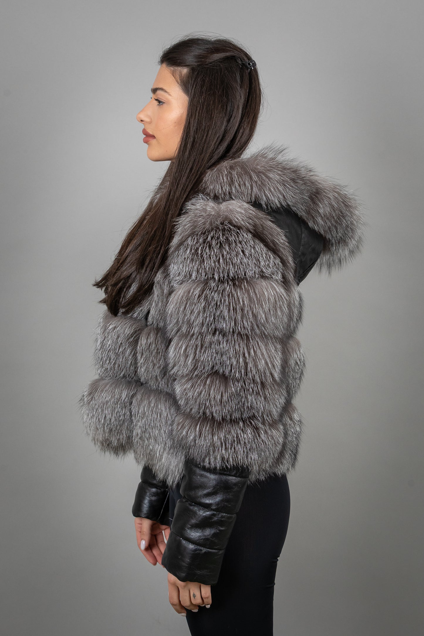 Fox Fur Jacket With Removable Leather Sleeves And Hoodie