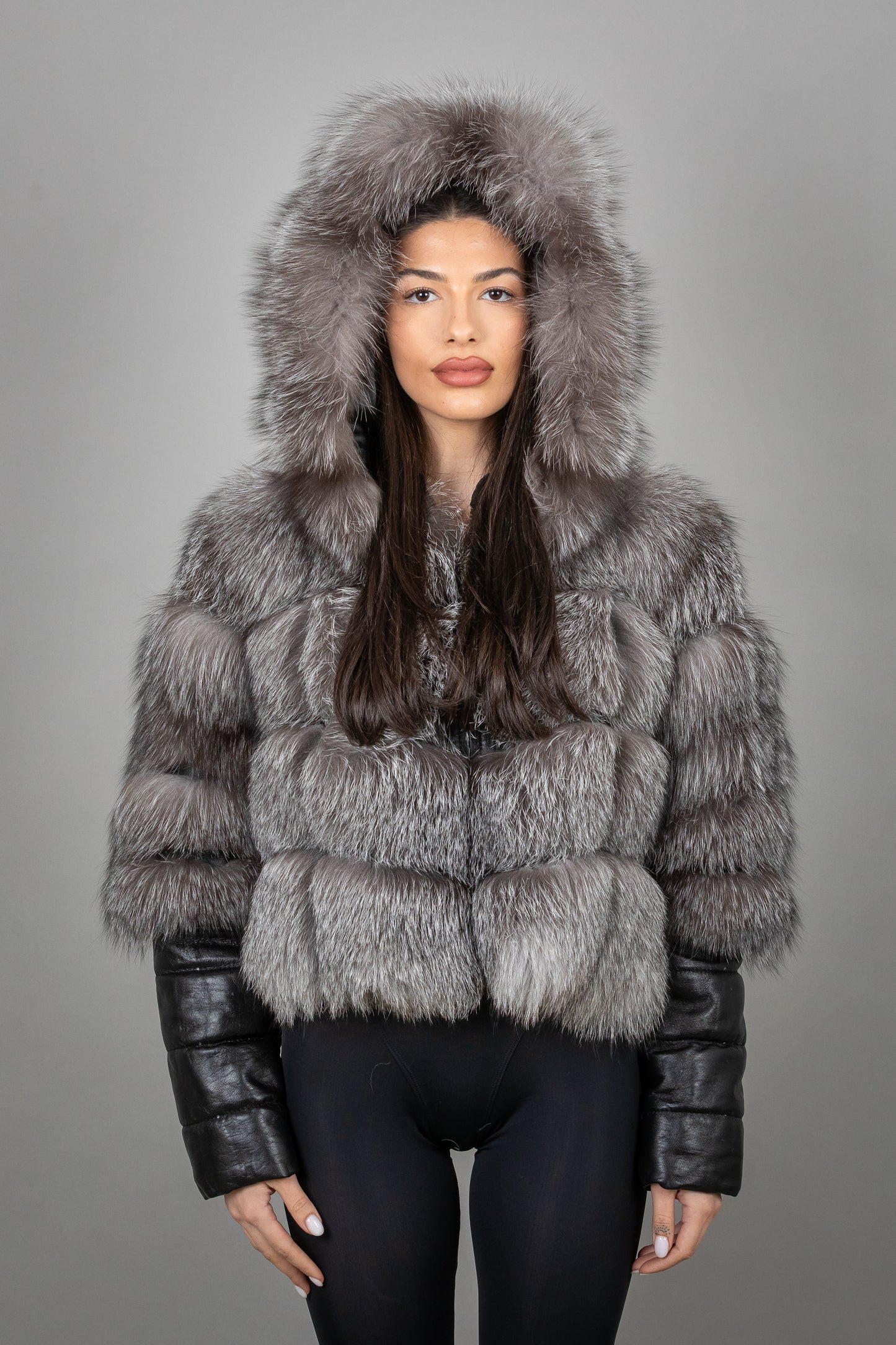 Fox Fur Jacket With Removable Leather Sleeves And Hoodie