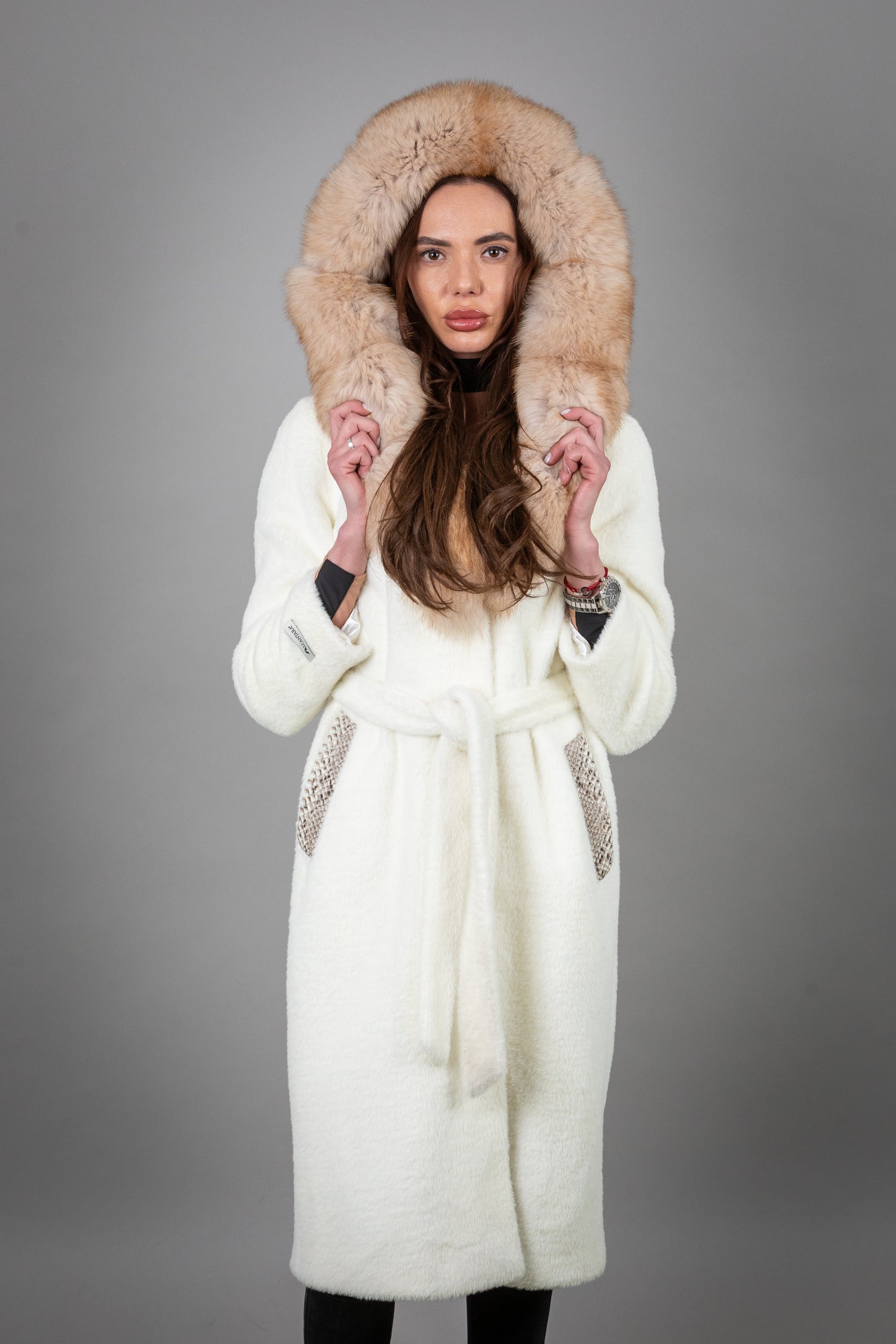 Alcantara Fur Coat With Fox Collar And Python Details