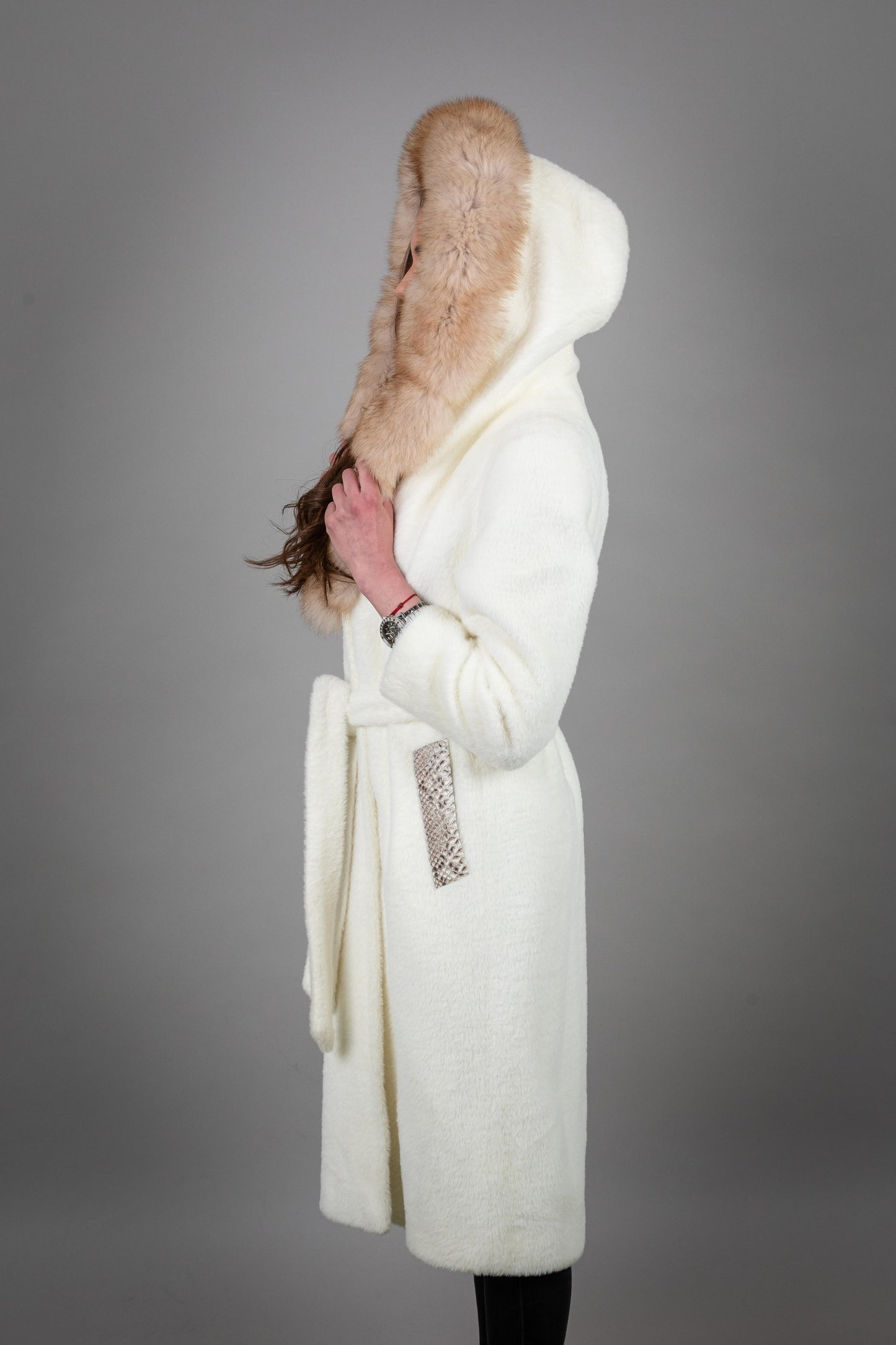 Alcantara Fur Coat With Fox Collar And Python Details