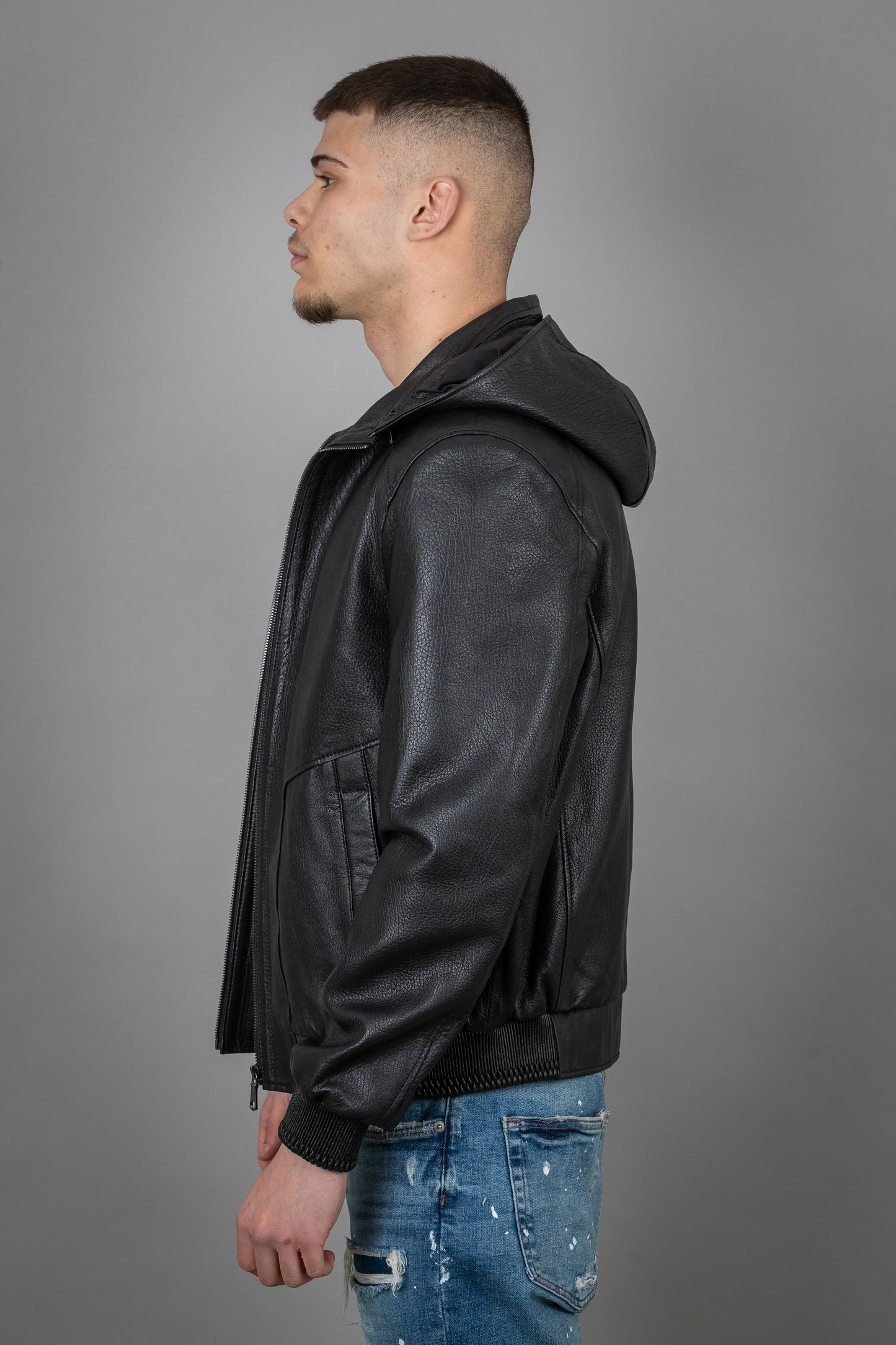 Calf Leather Bomber Jacket With Removable Hoodie