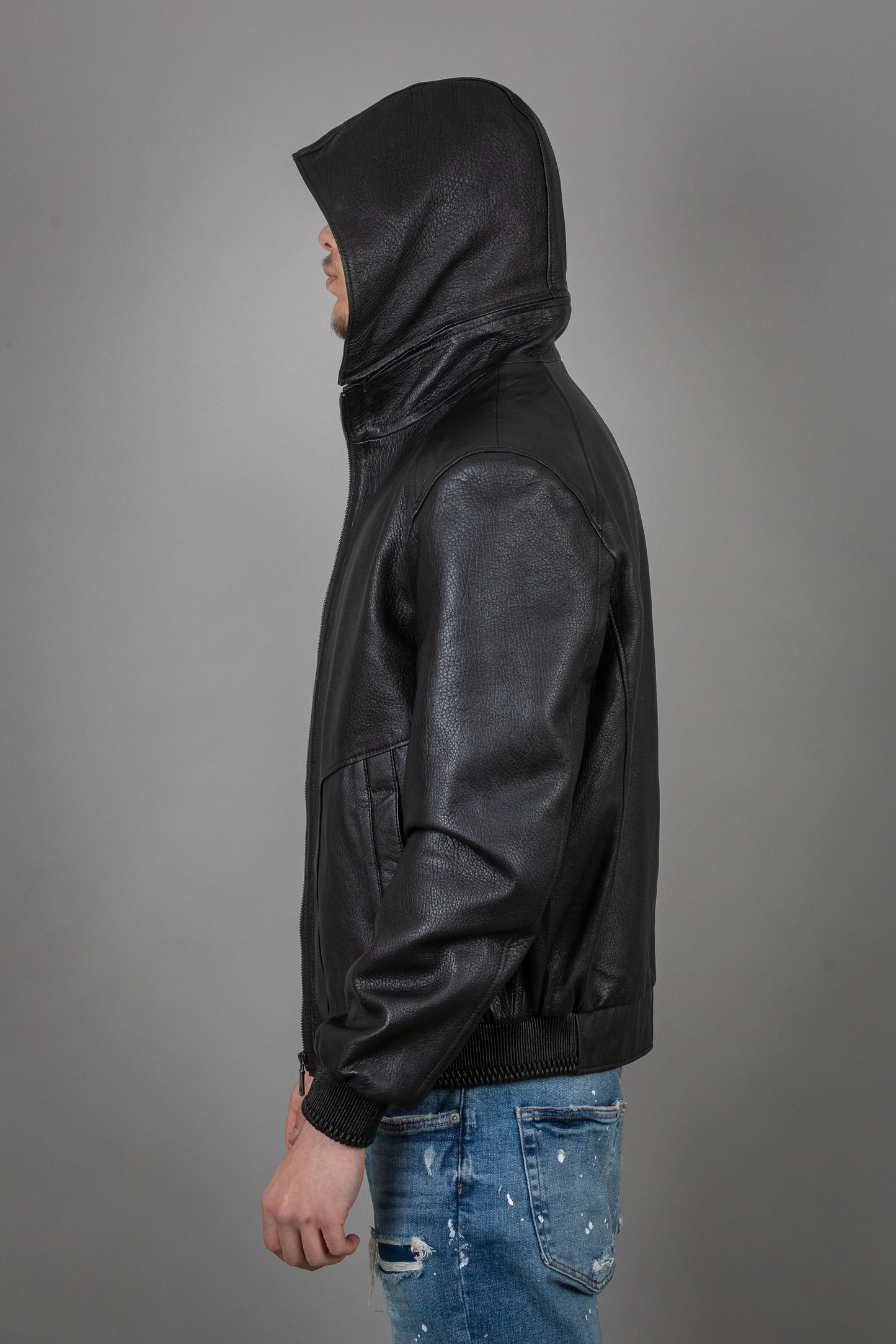 Calf Leather Bomber Jacket With Removable Hoodie